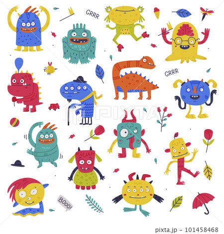 Funny Monster with Horns and Toothy Mouth Vector Set 101458468
