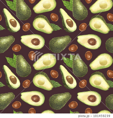 Watercolor seamless pattern of fresh whole and sliced avocado. Hand-drawn illustration isolated on brown background. Perfect food menu, healthy food drawing, design packing. 101459239