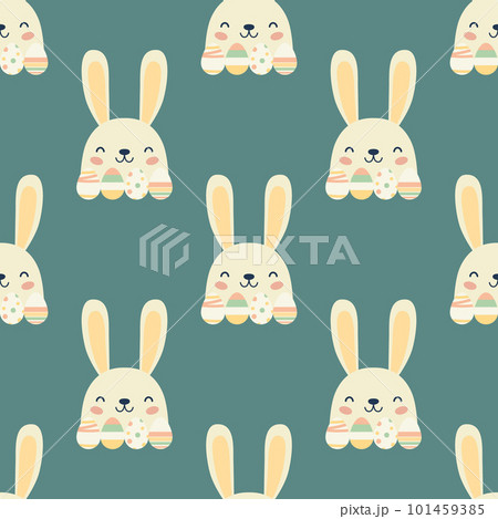 Vector Seamless Pattern with Easter Cute and Funny Cartoon Rabbit. Easter Holiday Design with Brown Flat Hare, Bunny on Blue Background. Vector Illustration Vector Seamless Pattern with Easter Cute and Funny Cartoon Rabbit. Easter Holiday Design with Brown Flat Hare, Bunny on Blue Background. Vector Illustration 101459385