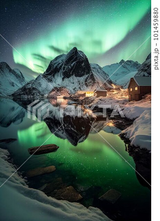 Beautiful village with aurora and star trail over night sky Created with Generative AI technology. Beautiful village with aurora and star trail over night sky Created with Generative AI technology. 101459880
