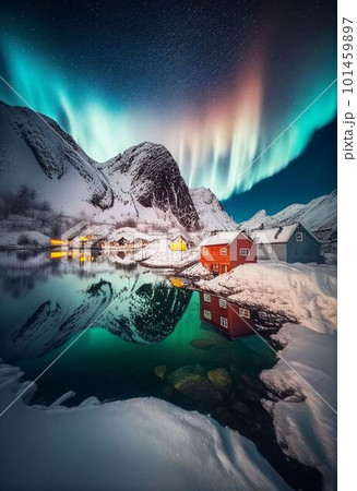 Beautiful village with aurora and star trail over night sky Created with Generative AI technology. Beautiful village with aurora and star trail over night sky Created with Generative AI technology. 101459897