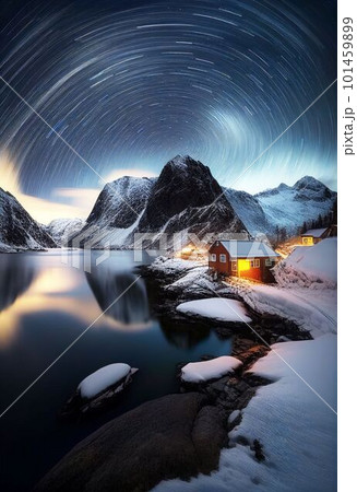 Beautiful village with aurora and star trail over night sky Created with Generative AI technology. 101459899