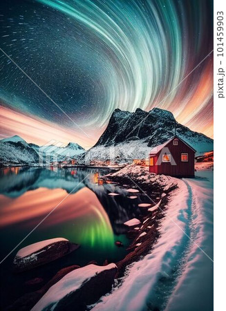Beautiful village with aurora and star trail over night sky Created with Generative AI technology. Beautiful village with aurora and star trail over night sky Created with Generative AI technology. 101459903