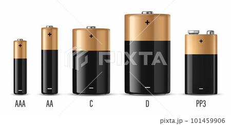 Vector 3d Realistic Black and Yellow Alkaline Battery Icon Set Closeup Isolated on White Background. Diffrent Size - AAA, AA, C, D, PP3. Design Template for Branding, Mockup. Vector Illustration Vector 3d Realistic Black and Yellow Alkaline Battery Icon Set Closeup Isolated on White Background. Diffrent Size - AAA, AA, C, D, PP3. Design Template for Branding, Mockup. Vector Illustration 101459906