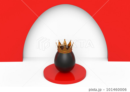 Unique chicken black egg in royal king crown on podium and white background Unique chicken black egg in royal king crown on podium and white background 101460006