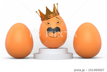 Group of farm brown chicken eggs and unique egg with funny face and gold crown 101460007