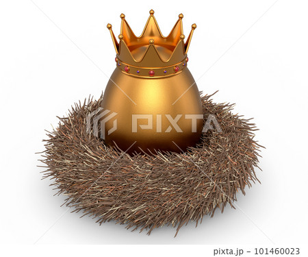 Farm gold egg with gold royal king crown in bird nest on white background 101460023