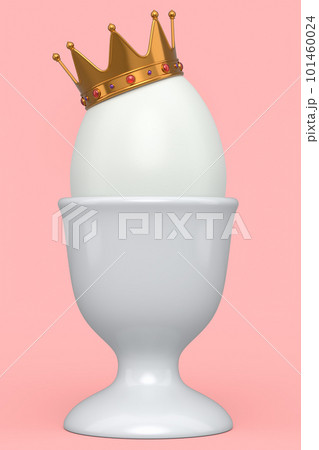 Farm white egg with gold royal king crown in ceramic egg cup for breakfast 101460024