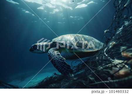 A turtle navigates a sea of plastic pollution, highlighting the impact of human activity on the natural world. The image is a call to action for environmental sustainability. AI Generative. A turtle navigates a sea of plastic pollution, highlighting the impact of human activity on the natural world. The image is a call to action for environmental sustainability. AI Generative. 101460332