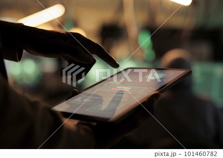 Online spy looking at failed hacking alert on screen, using computer malware and software code to crack passwords. Young hacker using trojan virus to break into sensitive database. Online spy looking at failed hacking alert on screen, using computer malware and software code to crack passwords. Young hacker using trojan virus to break into sensitive database. 101460782