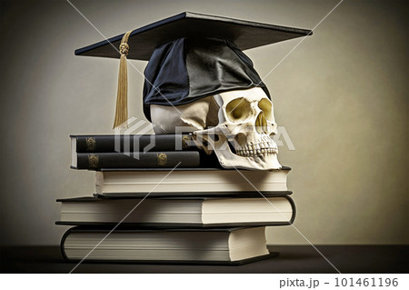 The skull of a man in a traditional Graduate cap lies on academic books. The concept of graduation from school, university, education, study 101461196