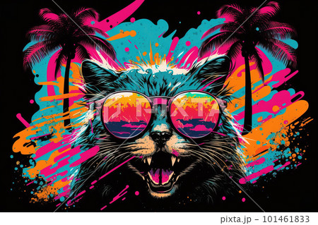 Cat in glasses having fun on tropical beach, portrait of pet on vacation, illustration, generative AI. 101461833