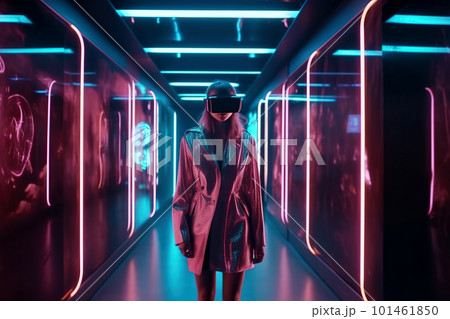 Girl in VR headset walks in store, woman customer using virtual reality, generative AI. Girl in VR headset walks in store, woman customer using virtual reality, generative AI. 101461850