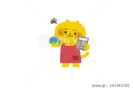 お財布と電卓を持って困り顔のネコのイラスト お財布と電卓を持って困り顔のネコのイラスト 101462782