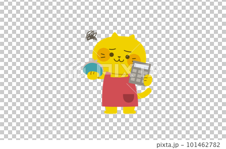 お財布と電卓を持って困り顔のネコのイラスト お財布と電卓を持って困り顔のネコのイラスト 101462782