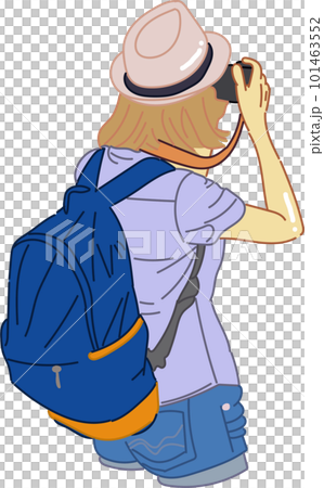 woman tourist with backpack and camera take a photo woman tourist with backpack and camera take a photo 101463552