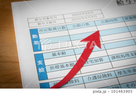 給与明細書と上昇矢印　基本給　給与明細　上向き　上昇　昇給　年収の壁 101463905