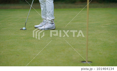 Golfer putting ball on the green golf, lens flare on sun set evening time. 101464134