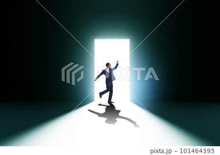 Businessman entering backlit door in escape concept 101464393
