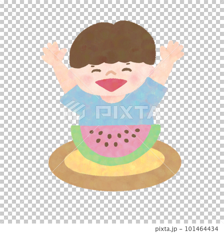 Hand drawn watercolor style illustration of a boy happy with watermelon 101464434