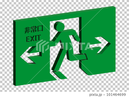 緊急出口標記 逼真的三維 3D 緊急出口引導燈插圖,人員面向左、左、右箭頭 緊急出口標記 逼真的三維 3D 緊急出口引導燈插圖,人員面向左、左、右箭頭 101464699