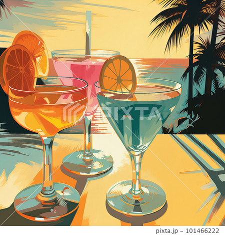 Tropical cocktails on beach with colorful sea sunset background. Watercolor pop art style illustration. Generative AI 101466222