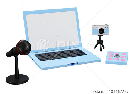 online video live streaming, 3d blank screen laptop computer on table with keypad, microphone, camera isolated. seo, communication applications, notification message, 3d render 101467227