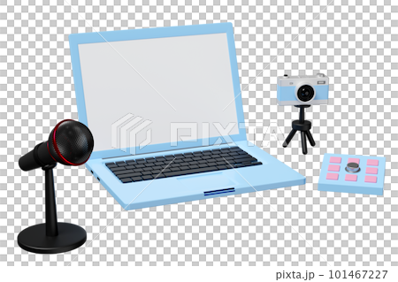 online video live streaming, 3d blank screen laptop computer on table with keypad, microphone, camera isolated. seo, communication applications, notification message, 3d render 101467227