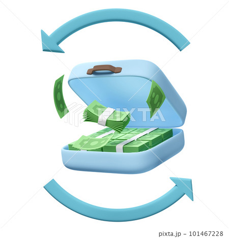 3d pile dollar banknote in blue suitcase isolated. transfer arrows, cashback, saving money wealth business, cashback money refund concept, 3d render illustration 101467228