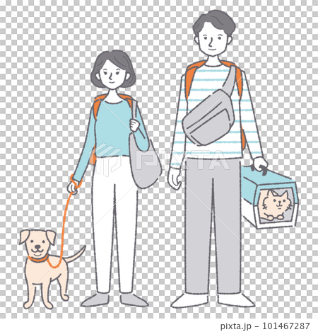 ペットを連れて避難する男女 101467287