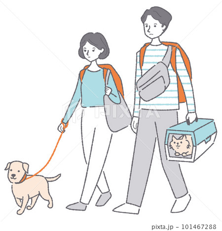 ペットを連れて避難する男女 ペットを連れて避難する男女 101467288