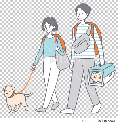 ペットを連れて避難する男女 ペットを連れて避難する男女 101467288