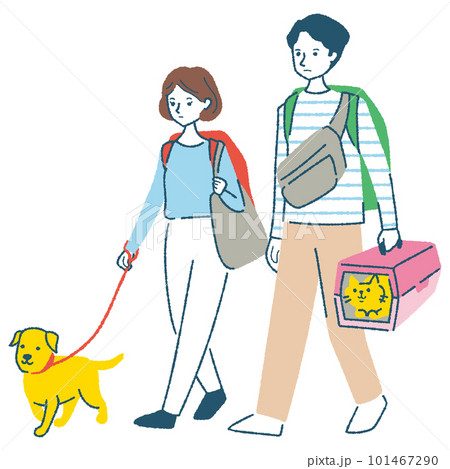 ペットを連れて避難する男女 101467290