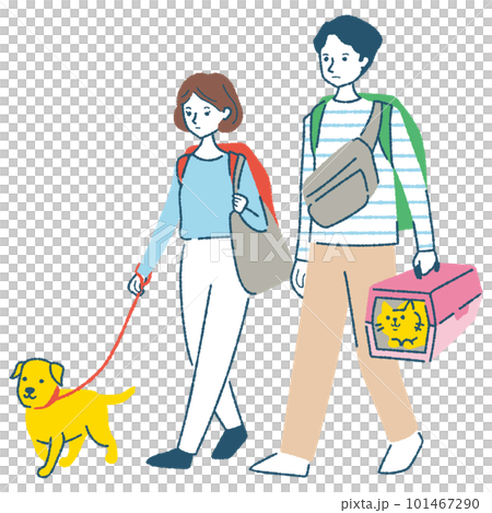 ペットを連れて避難する男女 101467290