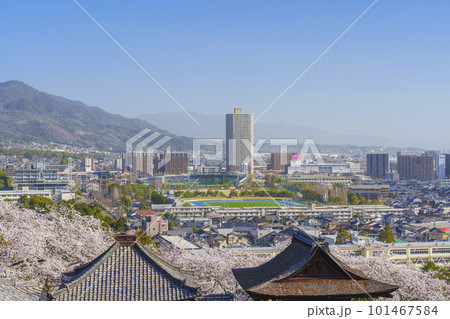 滋賀　三井寺展望台から見下ろす大津市街（南院札所伽藍）　 101467584