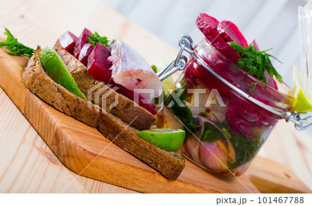 Homemade pickled poutassou with beets 101467788