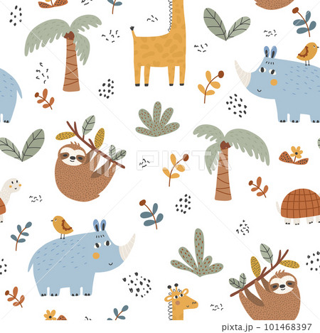 Vector hand drawn seamless pattern with cute african animals isolated on white background. Giraffe, sloth, rhinoceros. 101468397