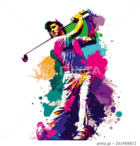 A man plays golf and hits with a club on a colored background. For your design 101468872