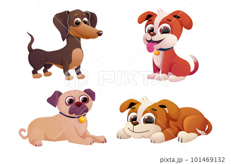 Set Puppy cute dog child, pets with adorable tail in comic cartoon style isolated on white background. Collection Emotional characters 101469132