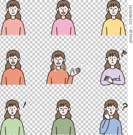 Illustration set of a young woman with various expressions Illustration set of a young woman with various expressions 101469291