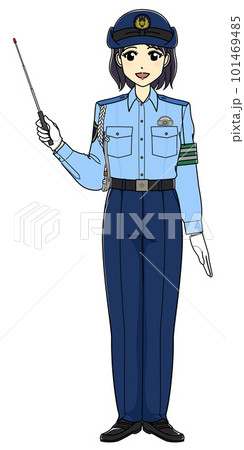 指示棒を持つ夏服の女性警察官（全身・笑顔） 101469485