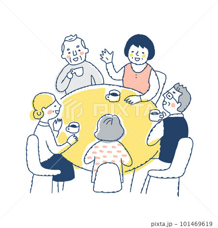 テーブルを囲んで和やかにお茶を楽しむシニア男女 101469619