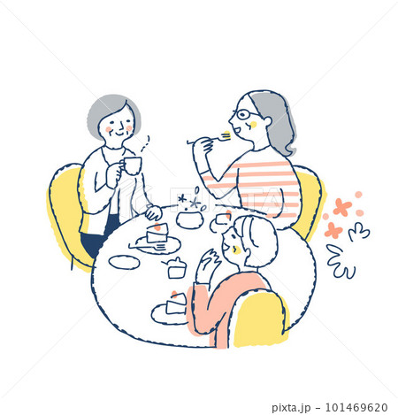 テーブルを囲んでお茶を楽しむ3人の女性 101469620