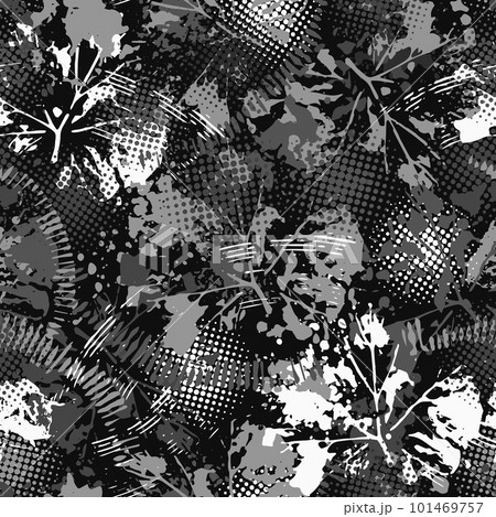 Abstract monochrome gray camouflage pattern with splattered paint, paint brush strokes, leaves, halftone shapes. Dense chaotic composition For apparel, fabric, textile, sport goods Grunge texture Abstract monochrome gray camouflage pattern with splattered paint, paint brush strokes, leaves, halftone shapes. Dense chaotic composition For apparel, fabric, textile, sport goods Grunge texture 101469757