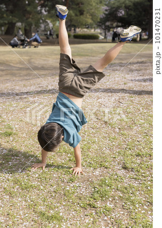 桜の散った地面で側転をする男の子 101470231