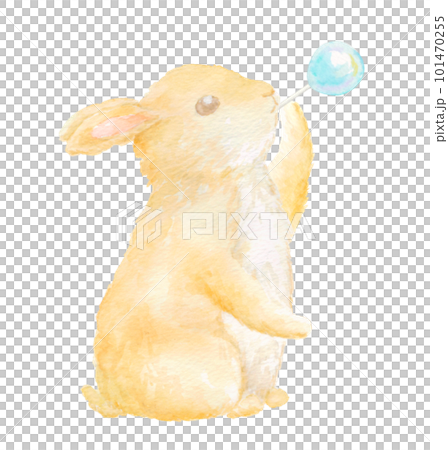 Watercolor illustration of a brown baby rabbit blowing soap bubbles. Watercolor illustration of a brown baby rabbit blowing soap bubbles. 101470255