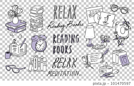 本と雑貨のあるおしゃれ系線画ベクターイラスト素材 101470597