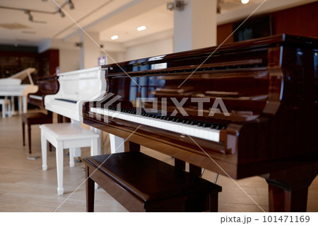 Piano shop background with many keyboards musical instrument display 101471169