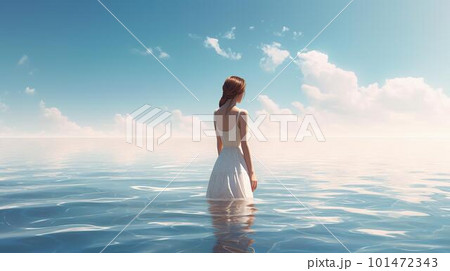 美しい海・湖の中にいる白いワンピースの女性の後ろ姿（旅行・夏休み・Generative AI） 101472343