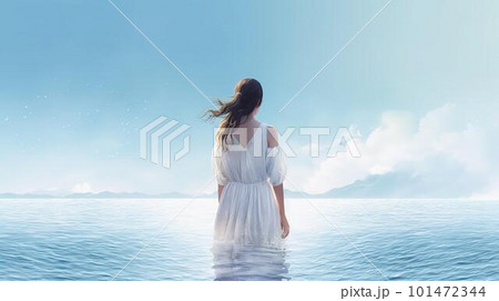 美しい海・湖の中にいる白いワンピースの女性の後ろ姿（旅行・夏休み・Generative AI） 101472344